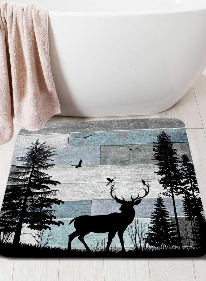 MERCHR Rustic Blue Bath Rugs for Bathroom, Vintage Farmhouse Animal Deer Forest Pine Tree, Non Slip Flannel Bathroom Rug, Dry Fast Water Absorbent Bath Mats,16X24. - Image 1