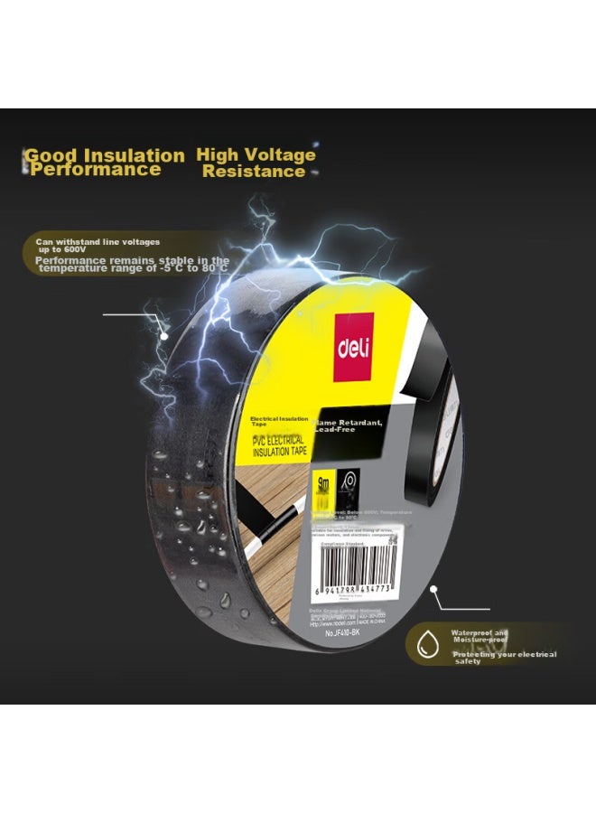 Deli Electrical Pvc Insulation Tape, Waterproof, Flame-retardant, Low Temperature Resistant, 18mm*9m*0.13mm, Black, 9 Meters, 10 Rolls, Jf410-bk - Image 4