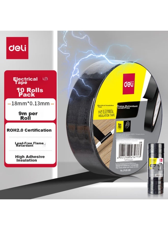 Deli Electrical Pvc Insulation Tape, Waterproof, Flame-retardant, Low Temperature Resistant, 18mm*9m*0.13mm, Black, 9 Meters, 10 Rolls, Jf410-bk - Image 1