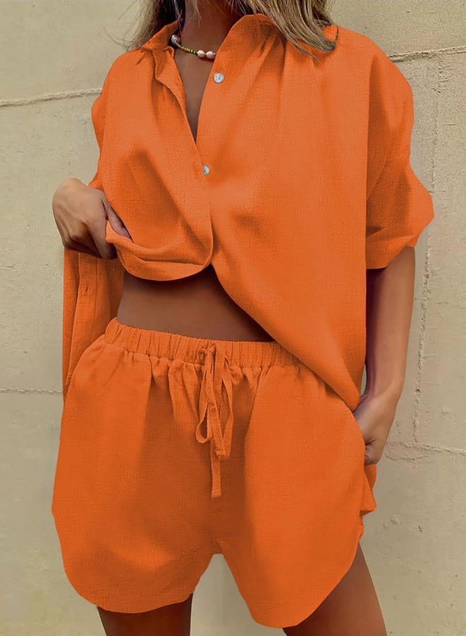 Fixmatti Women 2 Piece Outfit Summer Short Sleeve Top and Shorts Sweatsuit Set, Z-orange, S - Image 3