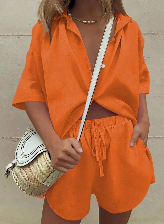 Fixmatti Women 2 Piece Outfit Summer Short Sleeve Top and Shorts Sweatsuit Set, Z-orange, S - Image 4