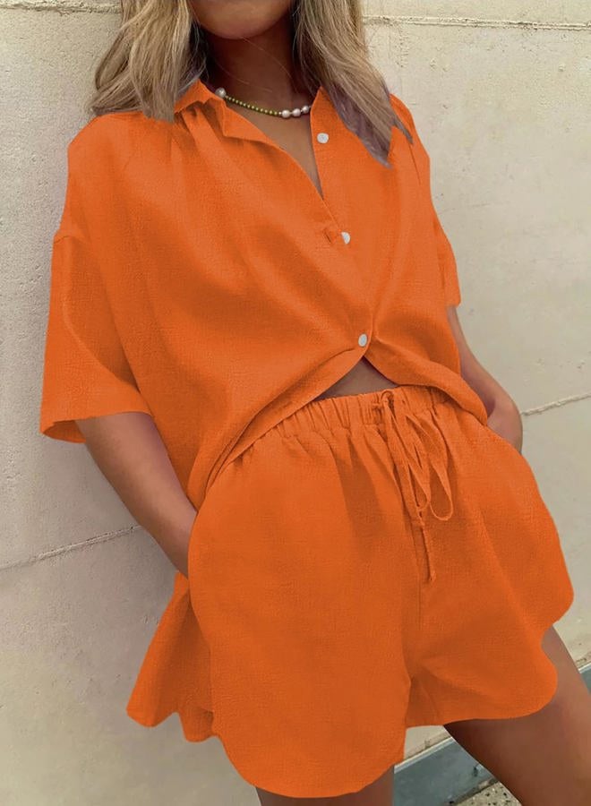 Fixmatti Women 2 Piece Outfit Summer Short Sleeve Top and Shorts Sweatsuit Set, Z-orange, S - Image 5