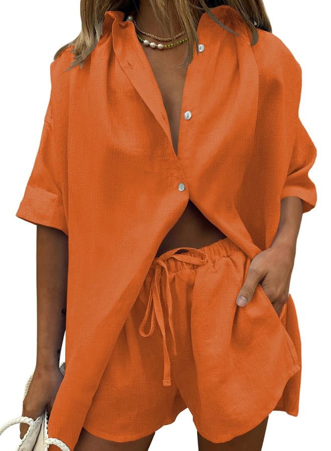 Fixmatti Women 2 Piece Outfit Summer Short Sleeve Top and Shorts Sweatsuit Set, Z-orange, S - Image 1