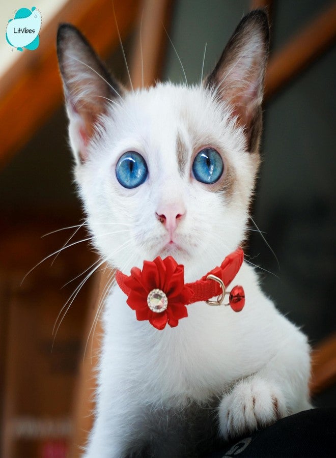 LitVibes Cat Collar Breakaway With Bell,Kitten & Small Dogs Soft Adjustable Collar Safe,Solid & Protection For Cats & Puppies,Cute Kitty Neckband With Flower Design-Red,?14 cm,W_2 cm - Image 4