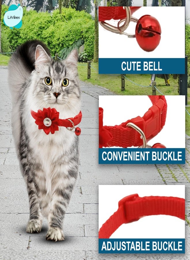 LitVibes Cat Collar Breakaway With Bell,Kitten & Small Dogs Soft Adjustable Collar Safe,Solid & Protection For Cats & Puppies,Cute Kitty Neckband With Flower Design-Red,?14 cm,W_2 cm - Image 5