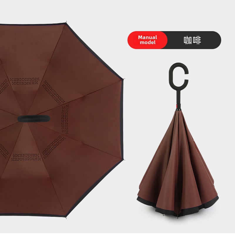 Hands-Free C-Handle Standable Reverse Umbrella Coffee hand open 