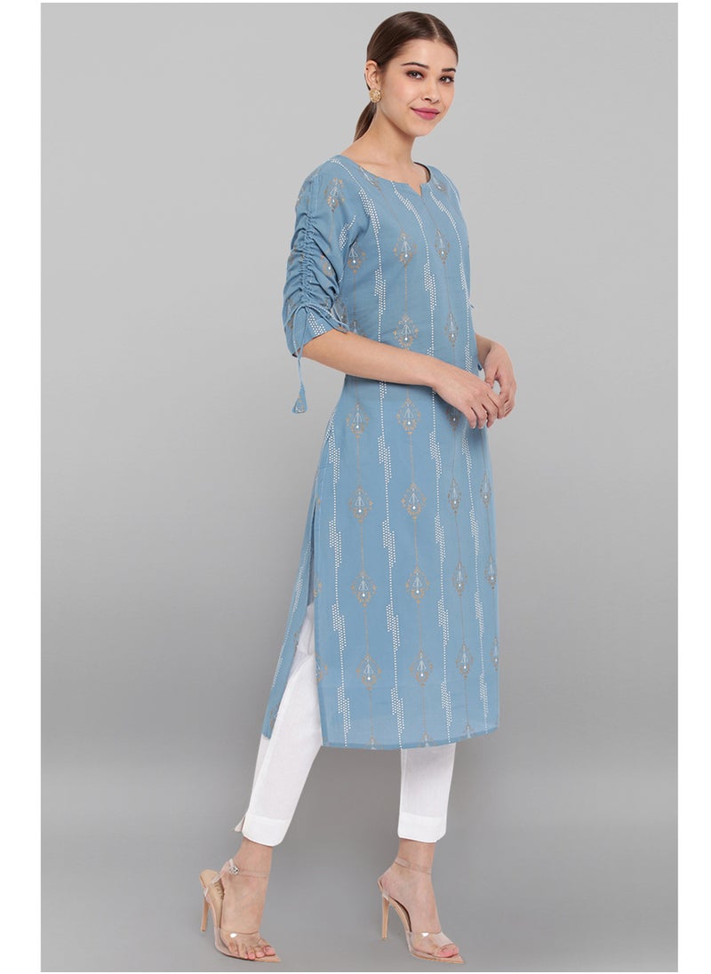 IndHeritage - IndHeritage - Premium cotton kurti - Bondi blue colour women's kurti / kurta with white ethnic prints - Indian Kurti IDH00062 - Image 1