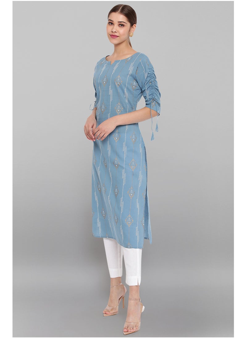 IndHeritage - IndHeritage - Premium cotton kurti - Bondi blue colour women's kurti / kurta with white ethnic prints - Indian Kurti IDH00062 - Image 1