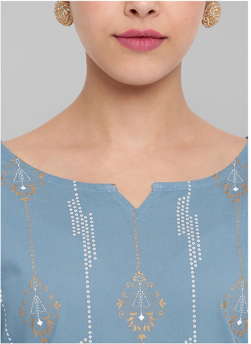 IndHeritage - IndHeritage - Premium cotton kurti - Bondi blue colour women's kurti / kurta with white ethnic prints - Indian Kurti IDH00062 - Image 1