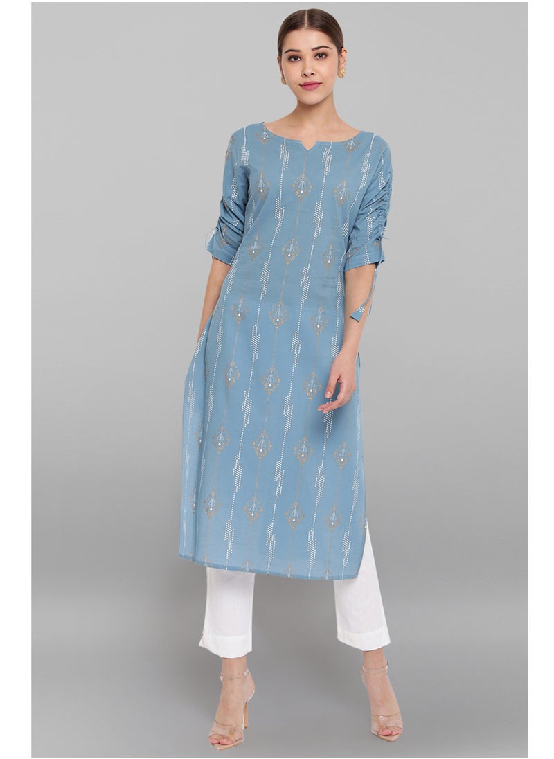 IndHeritage - IndHeritage - Premium cotton kurti - Bondi blue colour women's kurti / kurta with white ethnic prints - Indian Kurti IDH00062 - Image 1