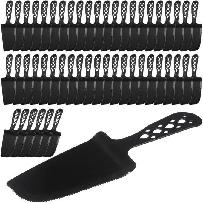50 PCS DISPOSABLE PLASTIC CAKE CUTTER AND SERVER 8X23 IN BLACK CAKE PLASTIC SERVER CUTTER PLASTIC CAKE SERVER CUTTING FOR PIE TART CAKE PIZZA PASTRY BAKING CUTTER HOLDER TRANSFER FOR KITCHEN WEDDING
