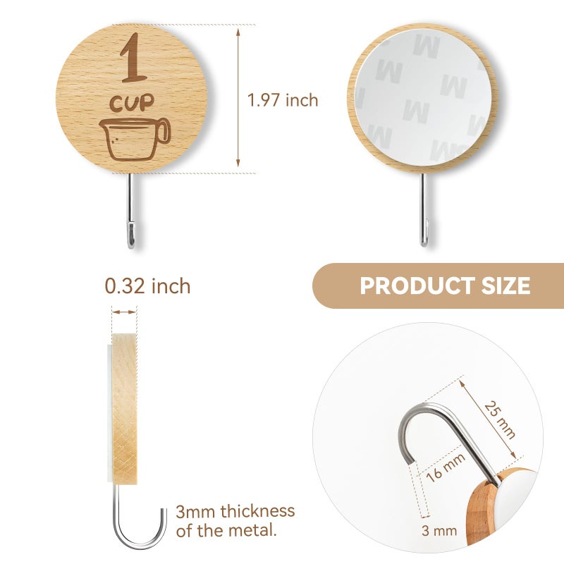 Verigud Measuring Cup and Spoon Organizer, 12 Pack Adhesive Wood Hooks for Hanging, Kitchen Hooks for Space Saving Storage - Image 3