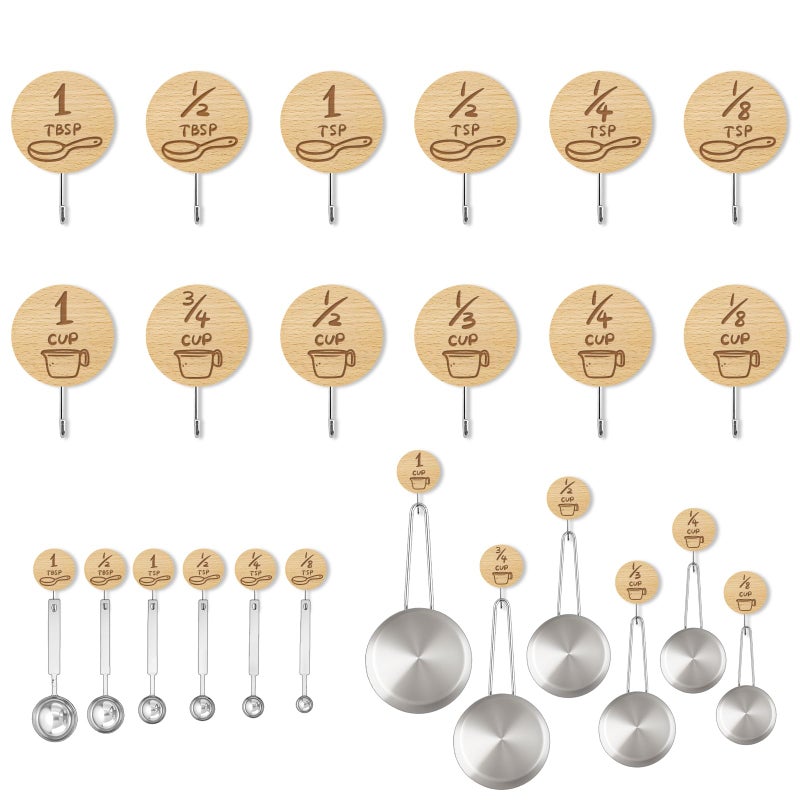 Verigud Measuring Cup and Spoon Organizer, 12 Pack Adhesive Wood Hooks for Hanging, Kitchen Hooks for Space Saving Storage - Image 1