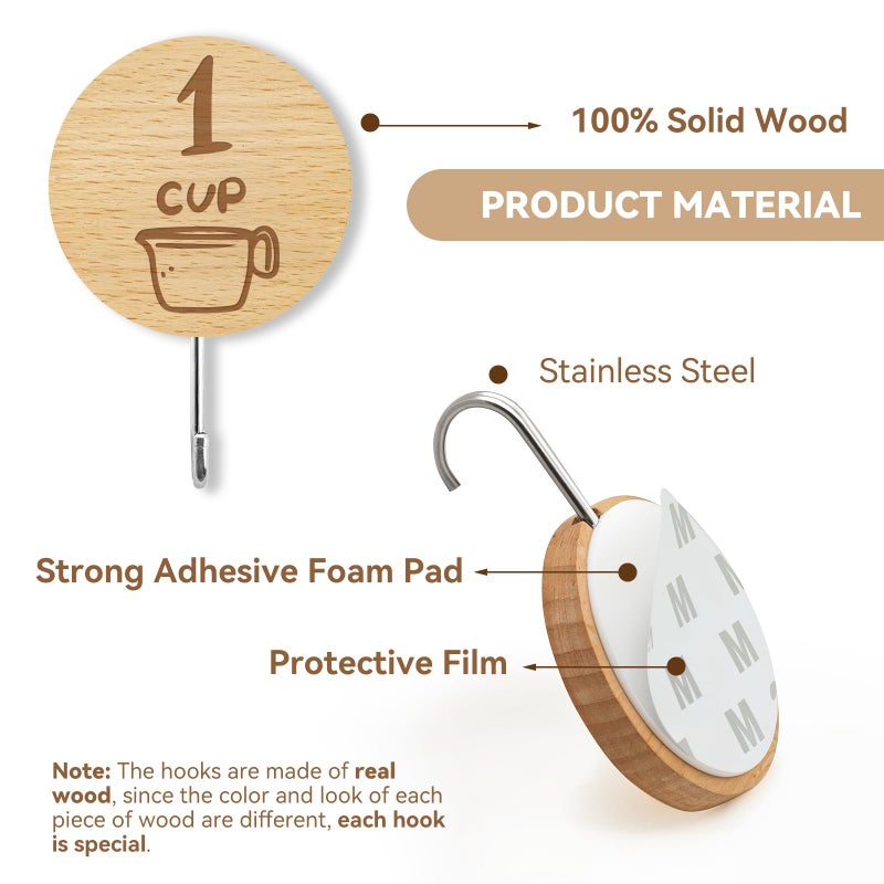 Verigud Measuring Cup and Spoon Organizer, 12 Pack Adhesive Wood Hooks for Hanging, Kitchen Hooks for Space Saving Storage - Image 2