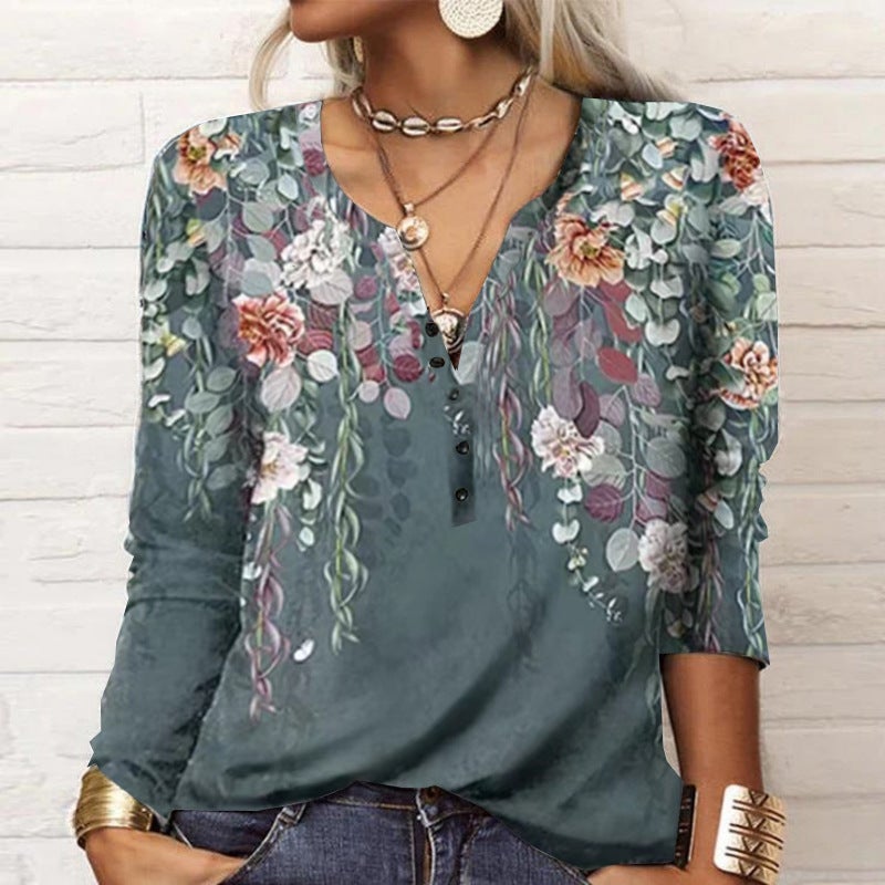 2023 wish new women's long-sleeved printed ethnic fashion T-shirt women - Image 1