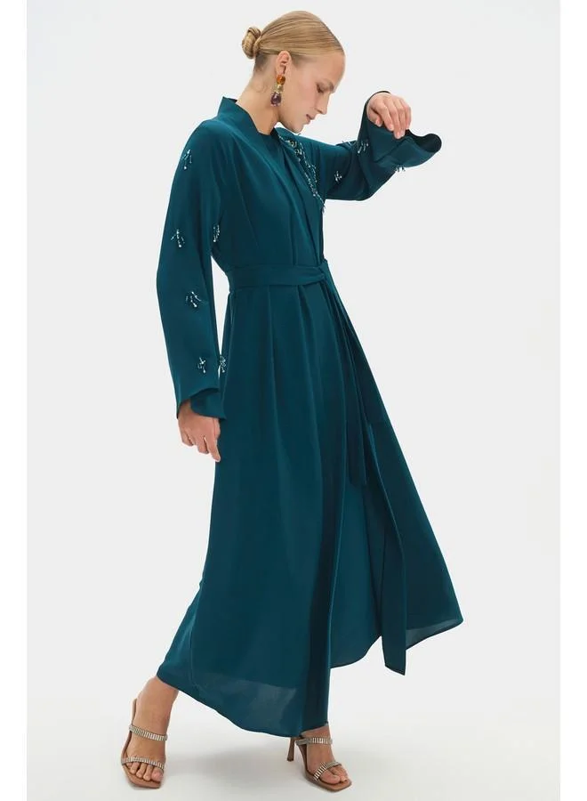 JUNE June Women Embroidered Waist Tie Detailed Abaya Teal