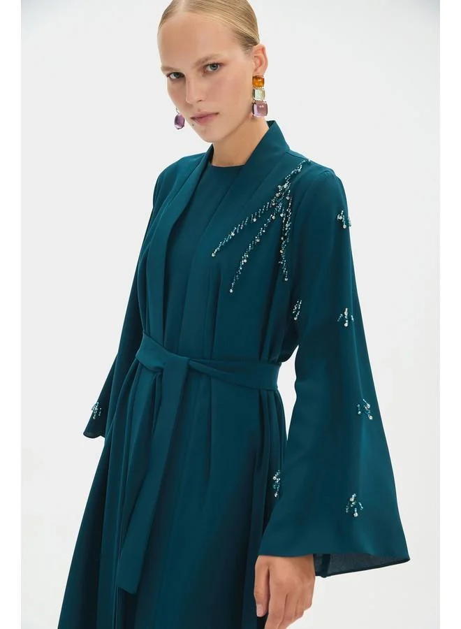 JUNE June Women Embroidered Waist Tie Detailed Abaya Teal