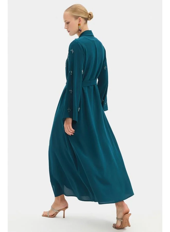 JUNE June Women Embroidered Waist Tie Detailed Abaya Teal