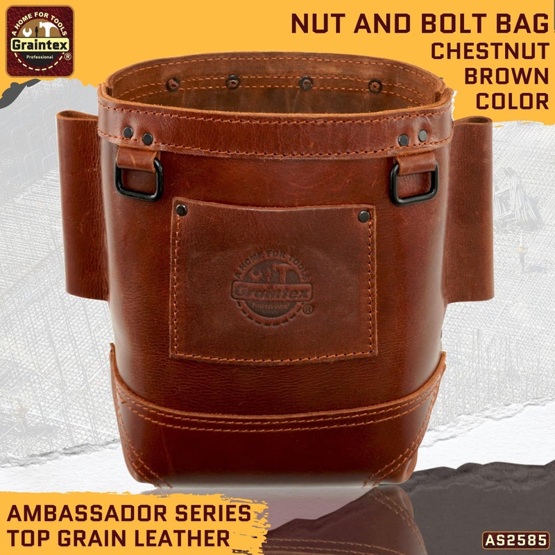 Graintex Nut & Bolt Bag Ambassador Series, Chestnut Brown Color Top Grain Leather, Tool Bag, Tool Belt for Ironworker Tools, Durable and Versatile Nut & Bolt Organizer for Professional Use - AS2585 - Image 2