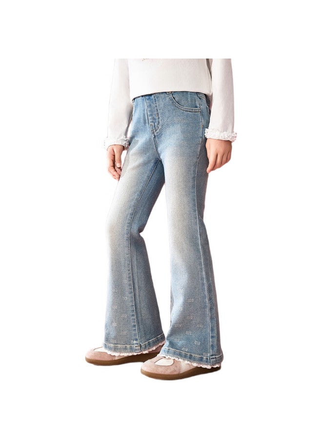 Ask Junior Girls' Pants Spring Slim Fit Elasticity Hot Drilling Lace Flared Jeans Children'S Denim Pants 170 Blue - Image 1