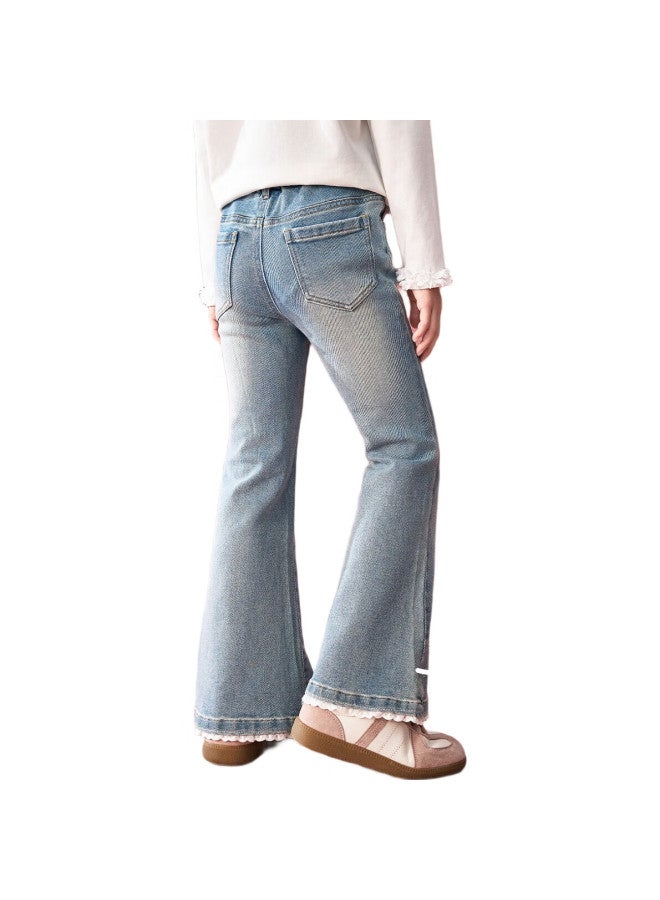 Ask Junior Girls' Pants Spring Slim Fit Elasticity Hot Drilling Lace Flared Jeans Children'S Denim Pants 170 Blue - Image 3