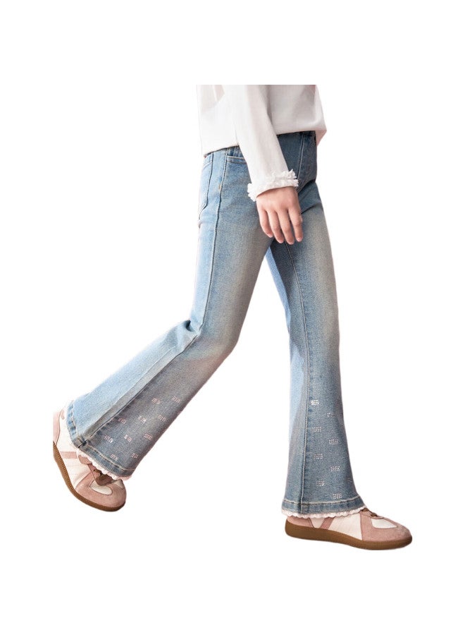 Ask Junior Girls' Pants Spring Slim Fit Elasticity Hot Drilling Lace Flared Jeans Children'S Denim Pants 170 Blue - Image 2