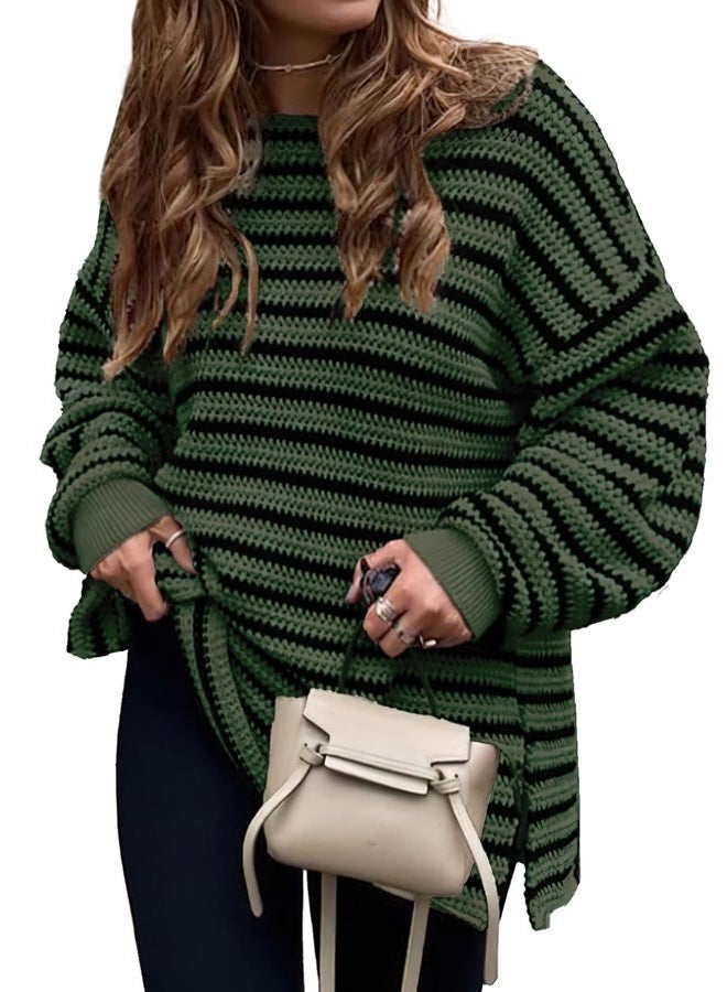 KIRUNDO Women's Oversized Long Sleeve Striped Casual Crewneck Side Split Sweater, Dark Army Green, S - Image 1