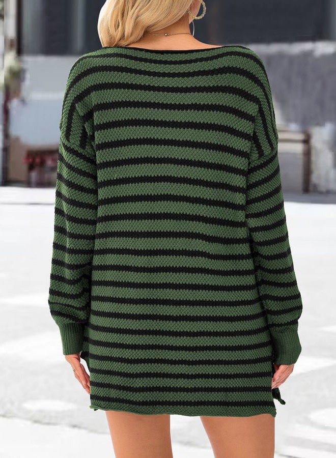 KIRUNDO Women's Oversized Long Sleeve Striped Casual Crewneck Side Split Sweater, Dark Army Green, S - Image 5