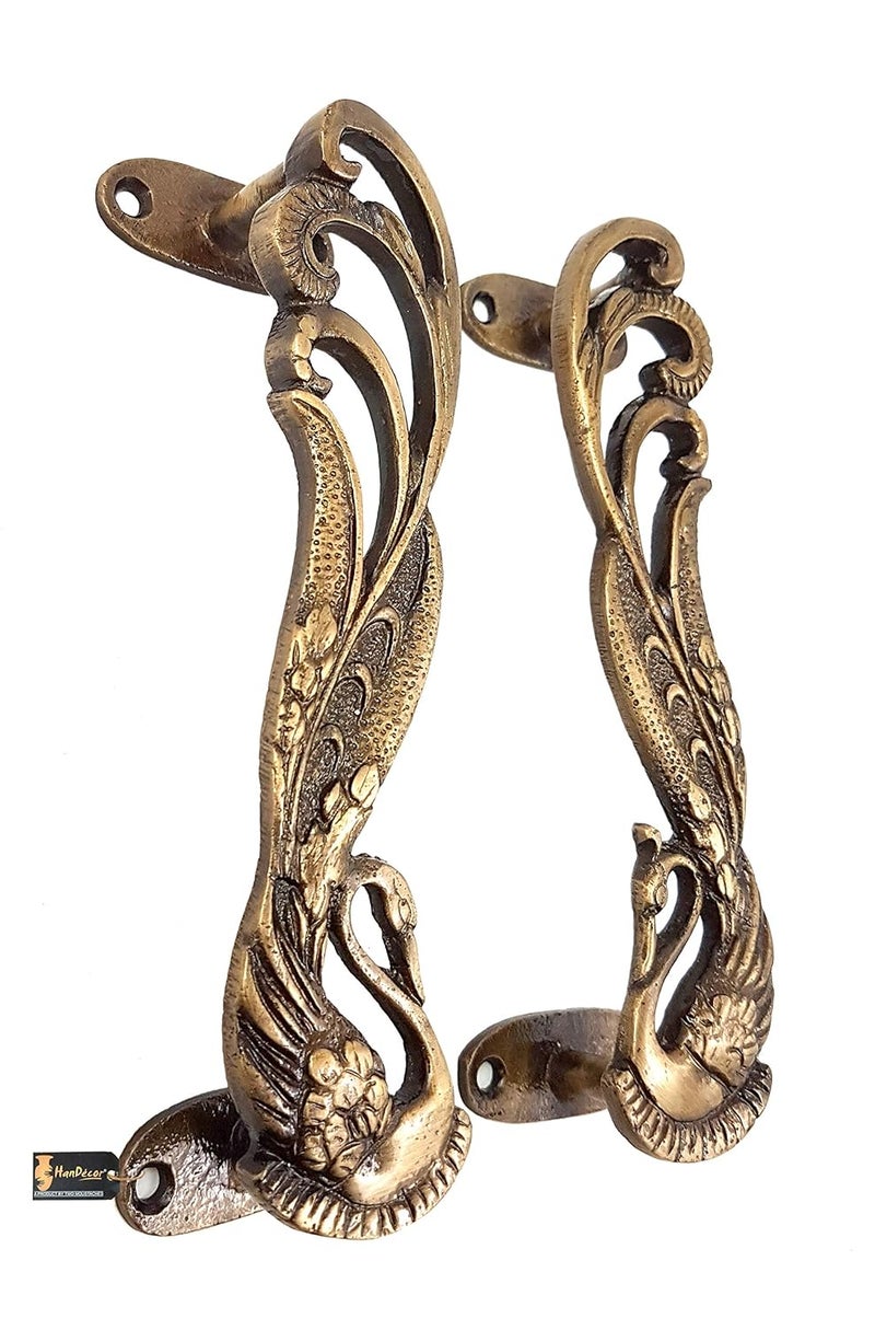 Two Moustaches Peacock Design 7 Inches Brass Door Handle Pair Main Door Handles Brass Handles for Home Standard Pack of 2 Pull Handle - Image 2