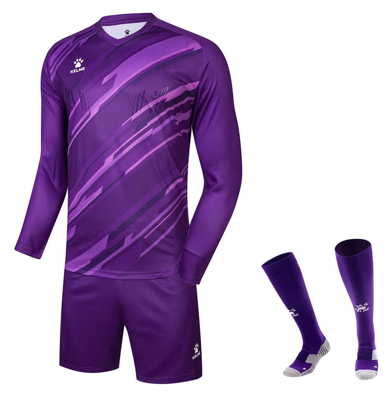 KELME Soccer Goalkeeper Jersey Pro Set Uniform - Padded Goalkeeper Shirt Shorts Socks - Men's Goalie Jersey Adults Kids (Purple, Kids 12) - Image 1