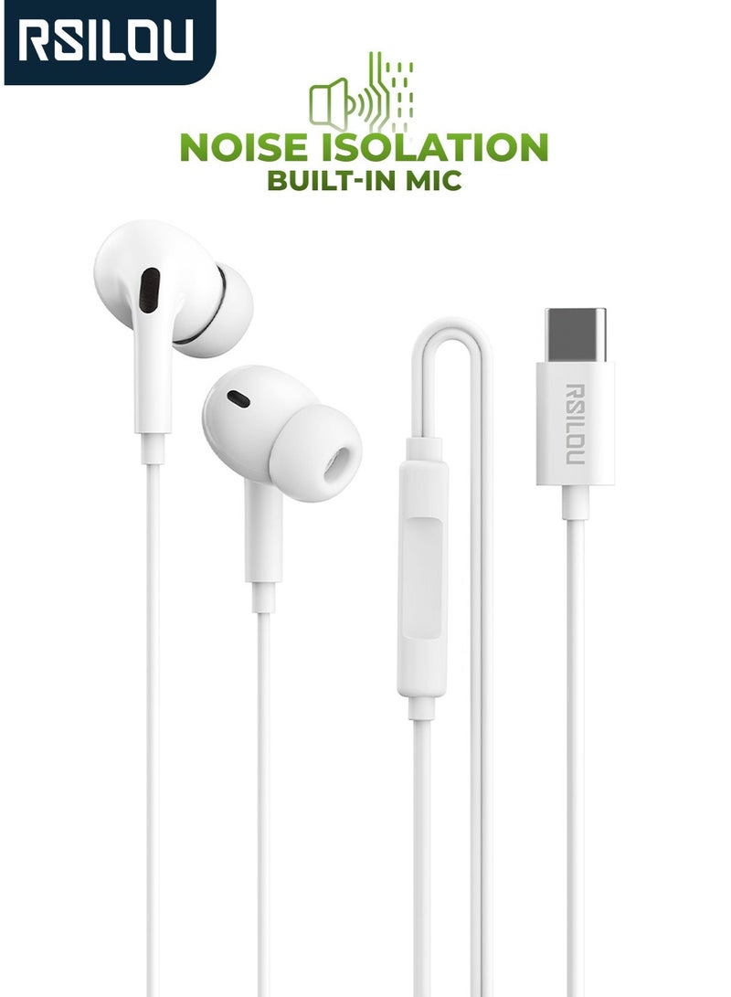RSILOU-R3501 Wired Earphones Type-C – 10MM Dynamic Driver, Noise Isolation, Built-in Microphone, Compatible with Type-C Devices (Smartphones, iPads, MacBooks & Tablets) - Image 1