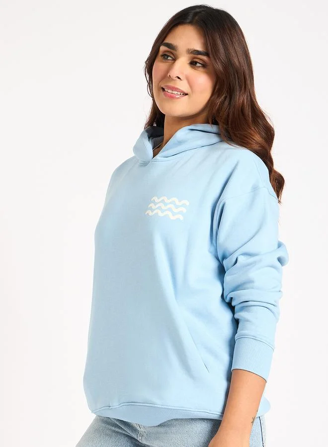 Femmella Light Blue Oversize Fleece Graphic Hoodie