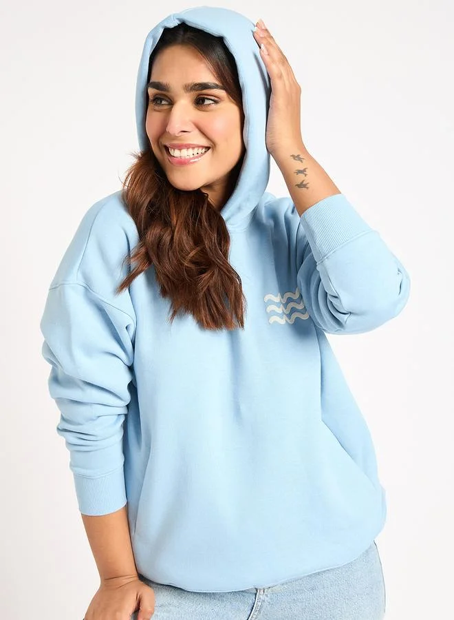 Femmella Light Blue Oversize Fleece Graphic Hoodie