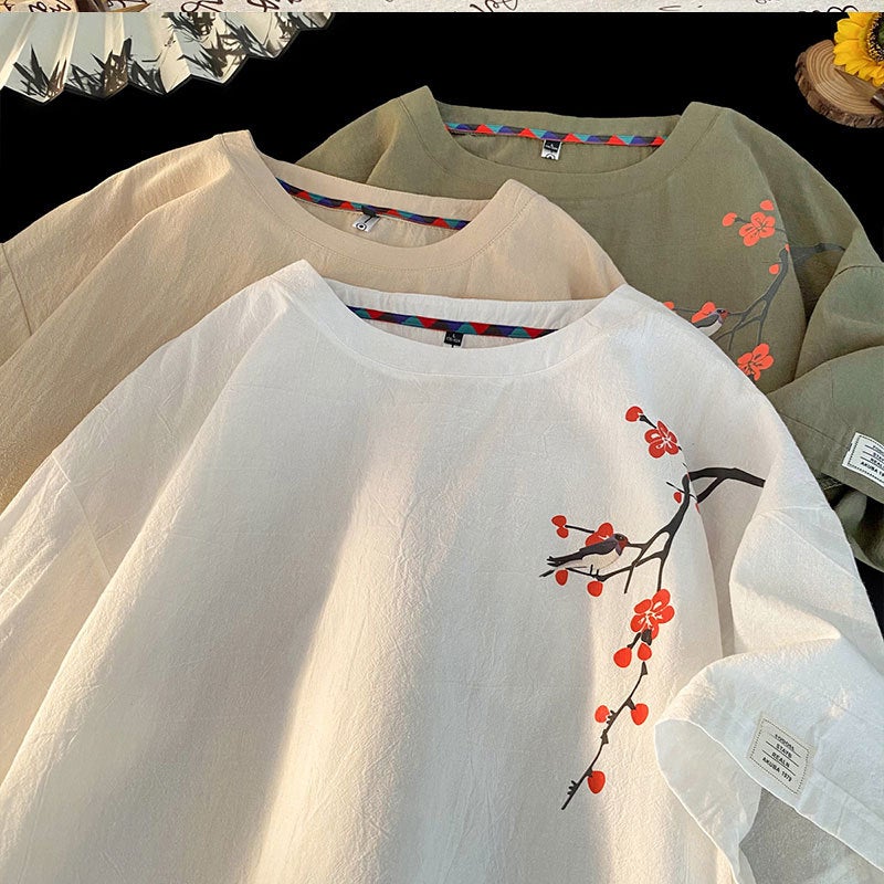Chinese Style Plum Blossom Short Sleeve T-Shirt Cotton And Linen New Chinese Style Loose Half Sleeve T-Shirt T3525-P25 [Special Offer] Q - Image 5