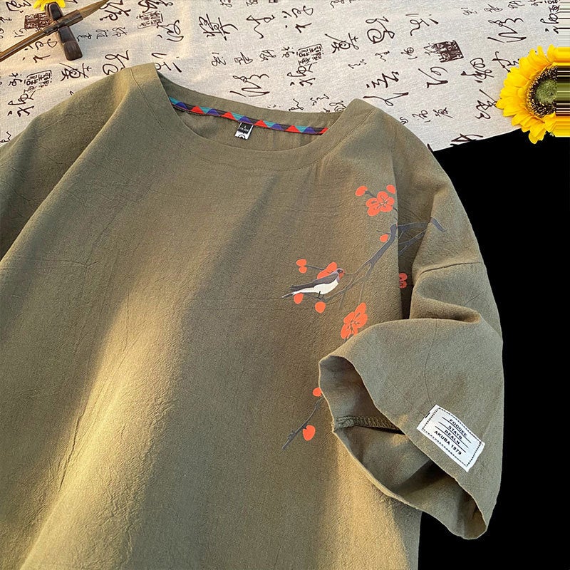 Chinese Style Plum Blossom Short Sleeve T-Shirt Cotton And Linen New Chinese Style Loose Half Sleeve T-Shirt T3525-P25 [Special Offer] Q - Image 1