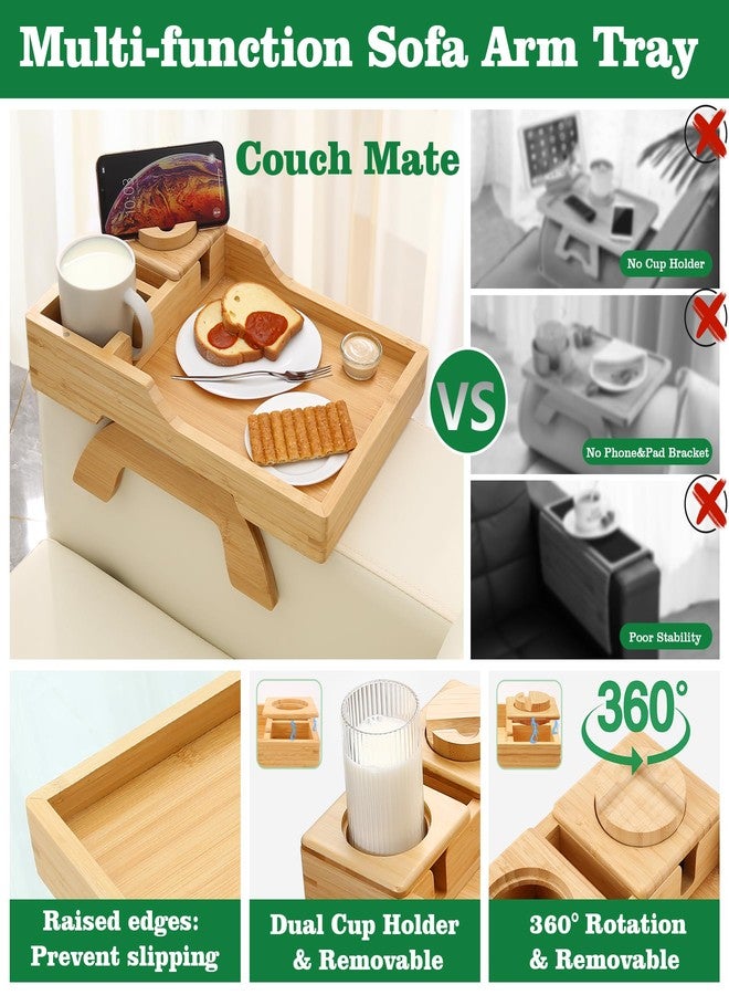 حامل أكواب من الخيزران من GHKINMAL، 4 في 1 صواني لذراع الأريكة مع حامل هاتف قابل للدوران 360 درجة، طاولة جانبية بمشبك مانع للانزلاق للمشروبات/جهاز التحكم عن بعد/الوجبات الخفيفة، هدية مثالية للزوج والزوجة والوالدين - Image 3