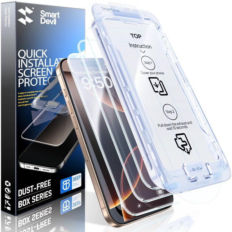 SMARTDEVIL 3 Pack for iPhone 16 Pro Max Screen Protector, 9H Hardness Military Grade Shatterproof, HD Clear Tempered Glass with Auto Dust-Elimination, Bubble Free, Easy Installation, Case Friendly - Image 1