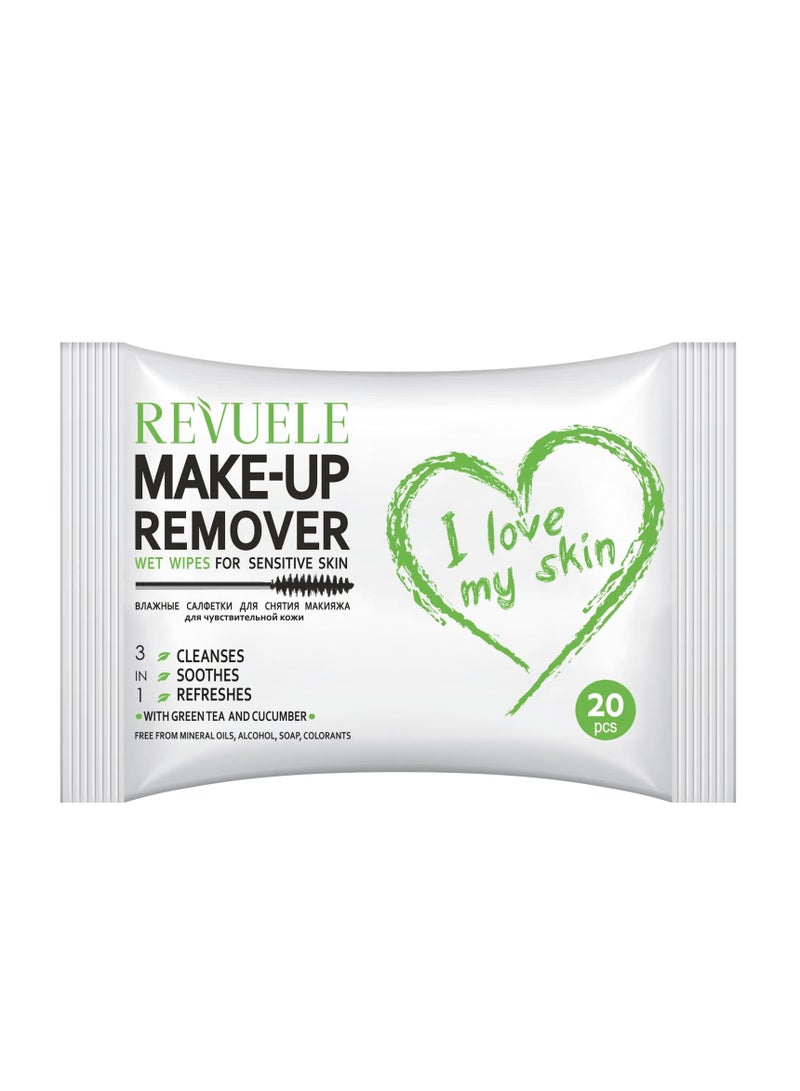 Revuele Wet Wipes Make-Up Remover For Sensitive Skin With Green Tea And Cucumber 20 pcs