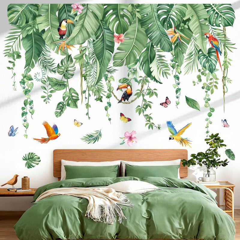 decalmile Large Tropical Jungle Leaves Wall Stickers Palm Leaf Hanging Vines Green Plants Wall Decals Living Room Tv Background Bedroom Home Decor - Image 2