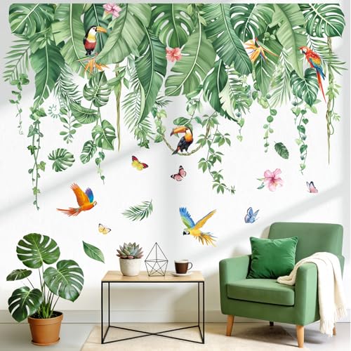 decalmile Large Tropical Jungle Leaves Wall Stickers Palm Leaf Hanging Vines Green Plants Wall Decals Living Room Tv Background Bedroom Home Decor - Image 3