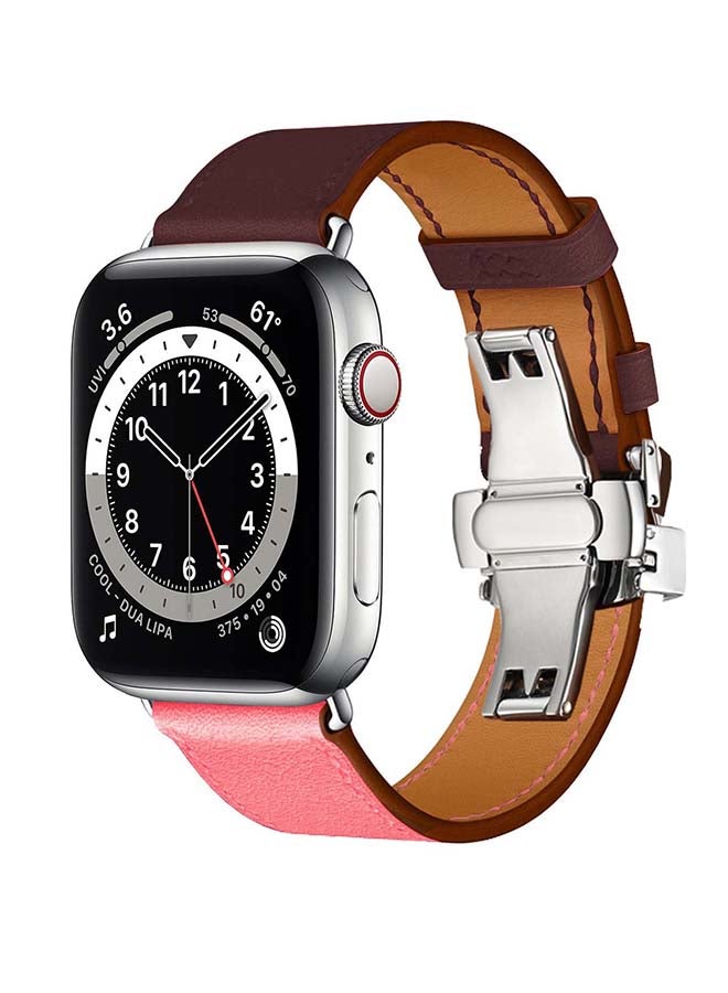 Perfii Genuine Leather Replacement Band with Silver Buckle for Apple Watch Series 6/SE/5/4/3/2/1 44/42mm Brown/Pink - Image 2