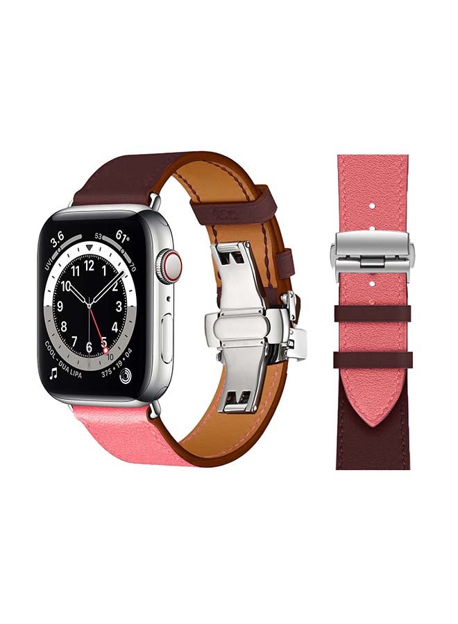 Perfii Genuine Leather Replacement Band with Silver Buckle for Apple Watch Series 6/SE/5/4/3/2/1 44/42mm Brown/Pink - Image 1