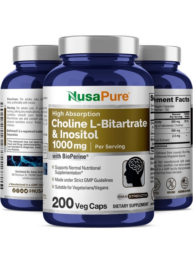 NusaPure نوسابور كولين وإنوزيتول 1000 ملغ - 200 كبسولة نباتية (100% نباتية، غير معدلة وراثيًا) بيوبيرين - Image 4