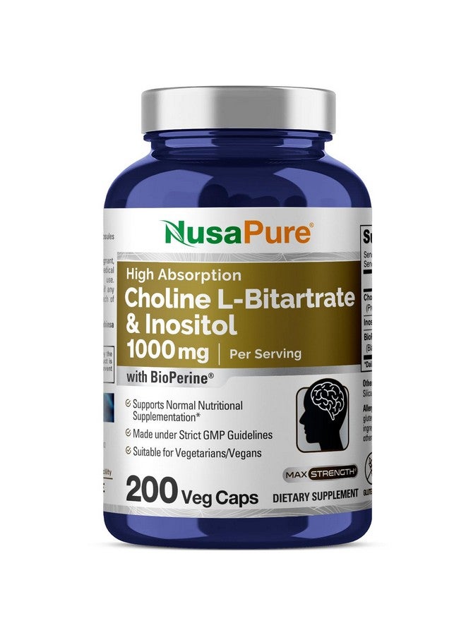 NusaPure نوسابور كولين وإنوزيتول 1000 ملغ - 200 كبسولة نباتية (100% نباتية، غير معدلة وراثيًا) بيوبيرين - Image 1
