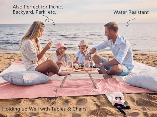 WEKAPO Beach Blanket - Sandproof Waterproof Extra Large Beach Mat | Oversized Sand-Free Lightweight Quick-Drying | Beach Vacation Essentials with Stakes & Corner Pockets (Pink, 7x7 FT ) - Image 4