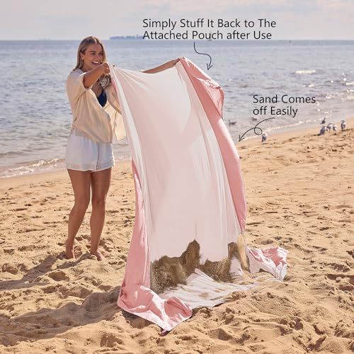 WEKAPO Beach Blanket - Sandproof Waterproof Extra Large Beach Mat | Oversized Sand-Free Lightweight Quick-Drying | Beach Vacation Essentials with Stakes & Corner Pockets (Pink, 7x7 FT ) - Image 5