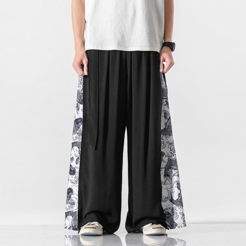 Chinese Style Cotton Linen Crane Printed Wide-legged Pants Mens Hanfu Tang Suit Ancient Costume Performance Costume Antique Fairy Elegant Culottes Black Carp