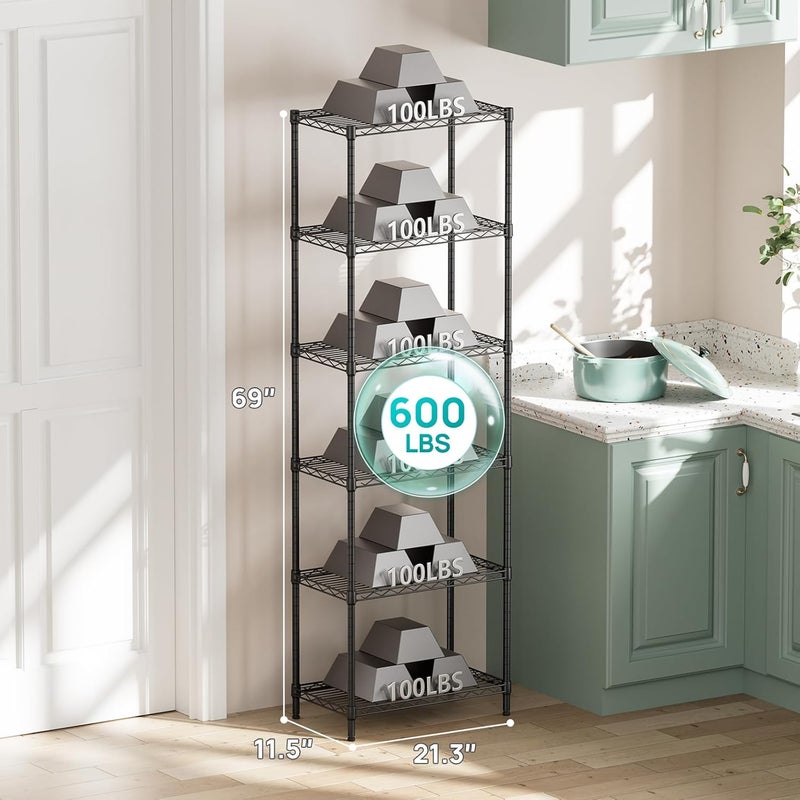 SINGAYE 6 Tier Adjustable Storage Shelf Wire Shelving Unit Metal Shelves Standing Closet Bathroom Organizers Pantry Kitchen Garage Laundry Room Organization Home Rack 21.5" W X 11.5D X 69 "H Black - Image 2