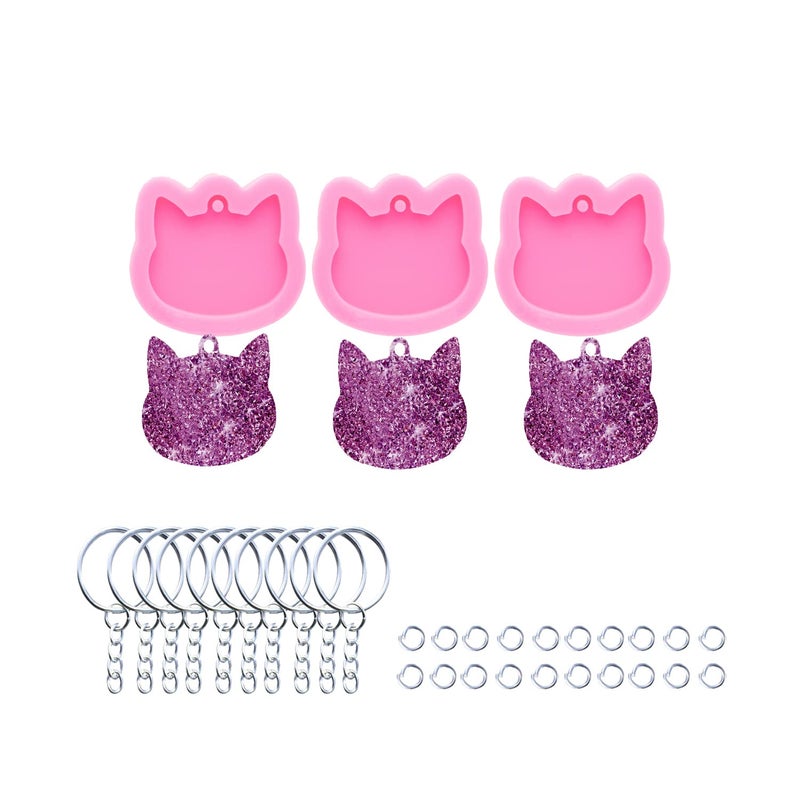 AMZTOART 3pc Shiny Pet Cat Tag Mini Cat Head Resin Silicone Molds Keychain Mould Crafts Epoxy Art DIY Handmade Mold with 10PC Key RingDY0869DY0869DY0869