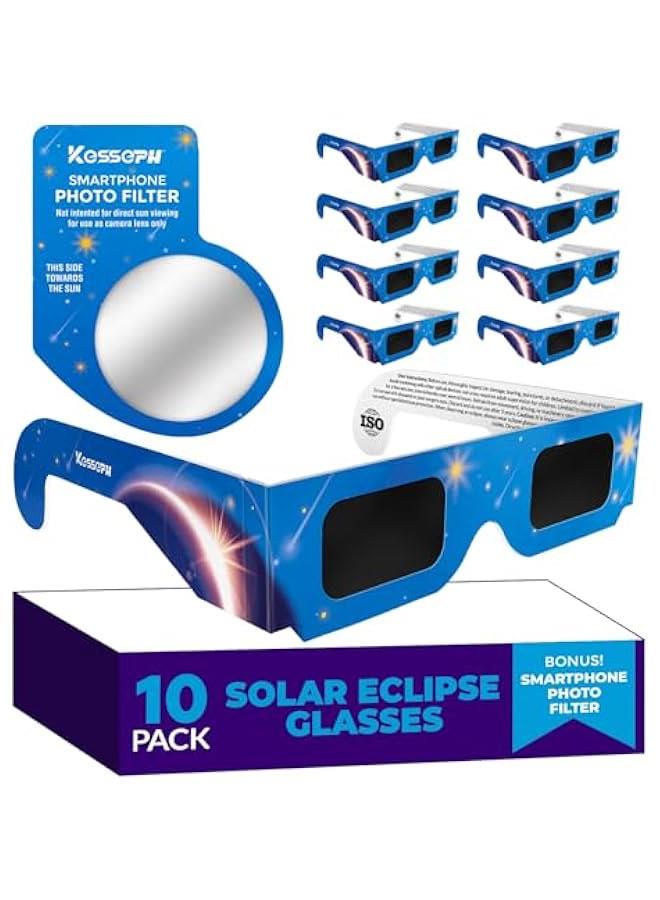 Arabest Solar Eclipse Glasses Approved 2024, (10 Pack) CE and ISO Certified Solar Eclipse Observation Glasses, Safe Shades for Direct Sun Viewing, Bonus Smartphone Photo Filter Lens, Blue Stars Design  - Image 1
